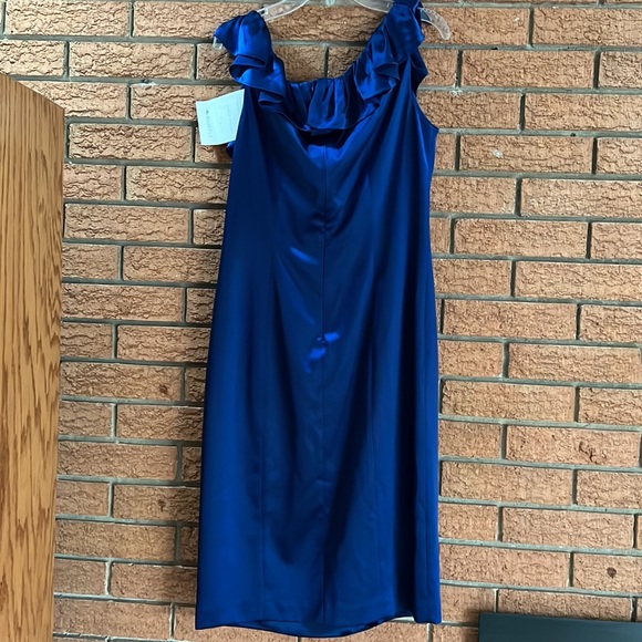 💙MARC BOUWER GLAMIT💙SILK RUFFLE SHIFT COCKTAIL DRESS IN NAVY BLUE💙 - Picture 7 of 10